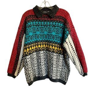 Vintage KITTY HAWK Sweater Medium Geometric Pattern Multicolor 80’s Colo…
